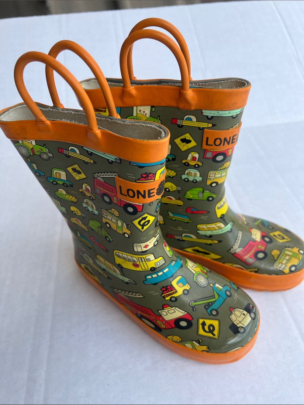 Kids Orange Trim Rain Boots with Vehicle Print